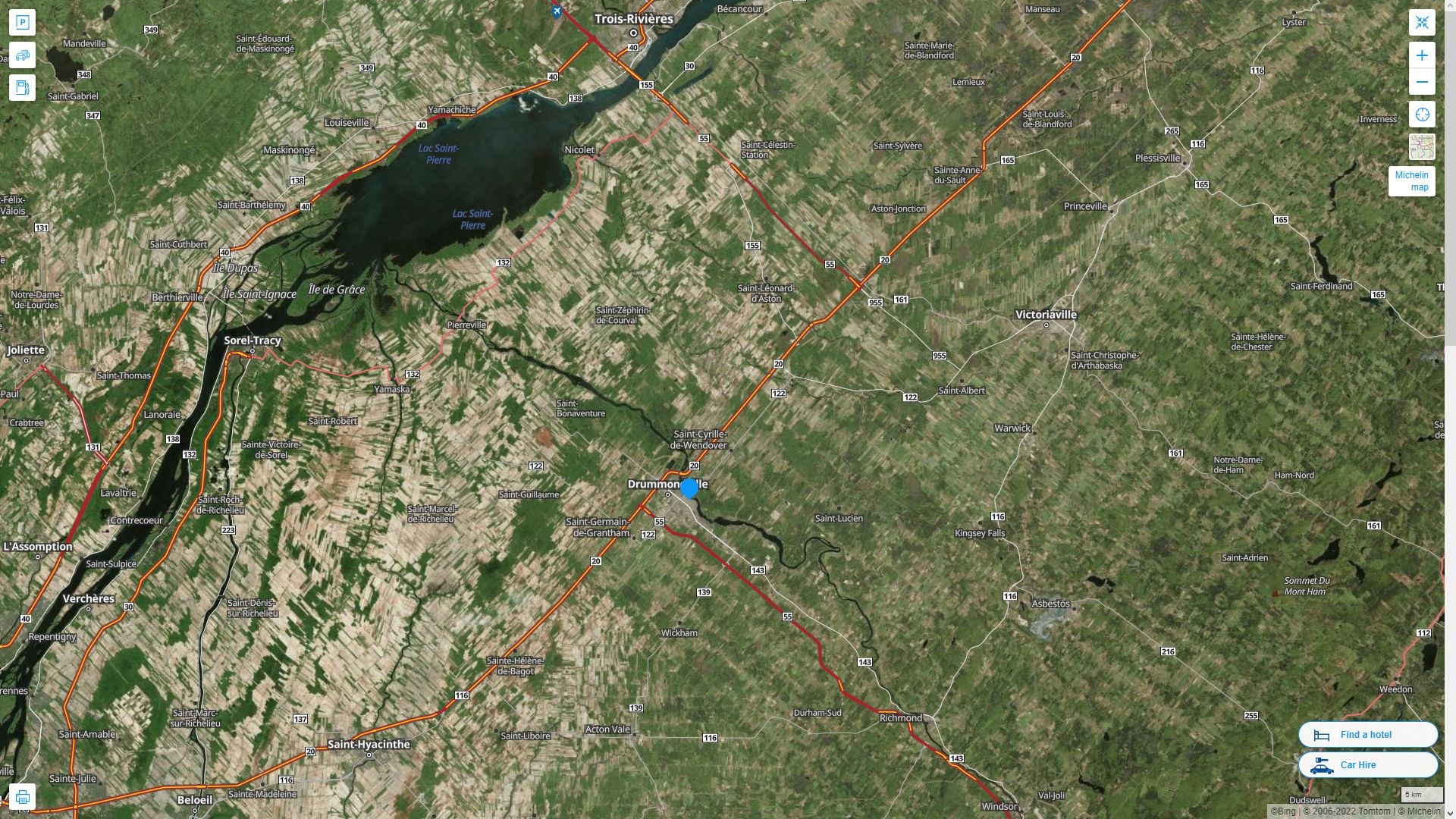 Drummondville Canada Autoroute et carte routiere avec vue satellite